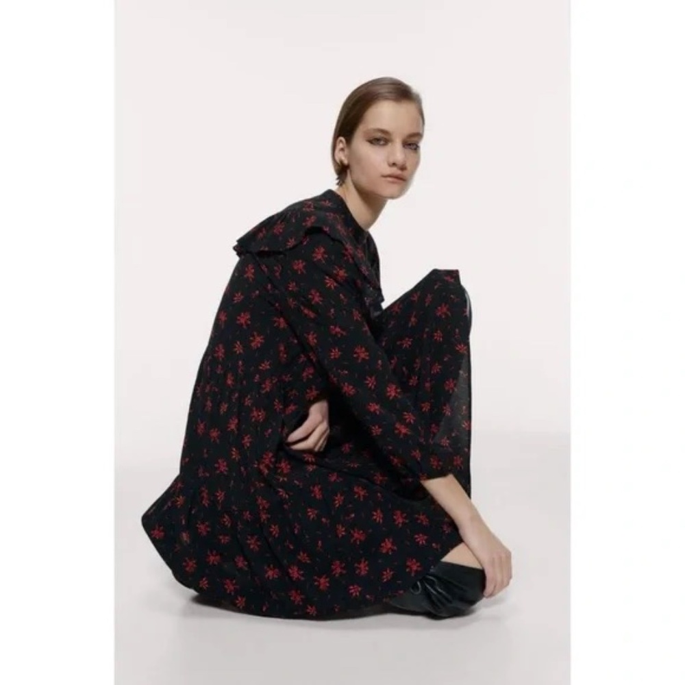 Zara Black Red Floral Ruffle Tiered Mini Dress Long Sleeve Size M - Picture 6 of 14